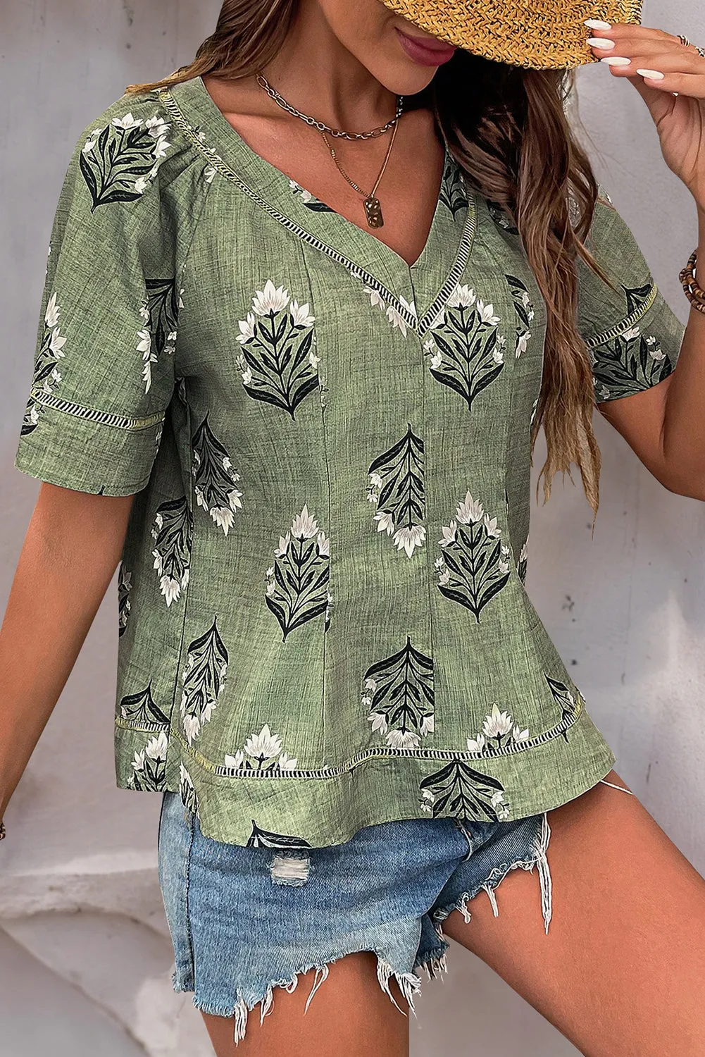 Laurel Green Floral Print Short Sleeve V-Neck Blouse