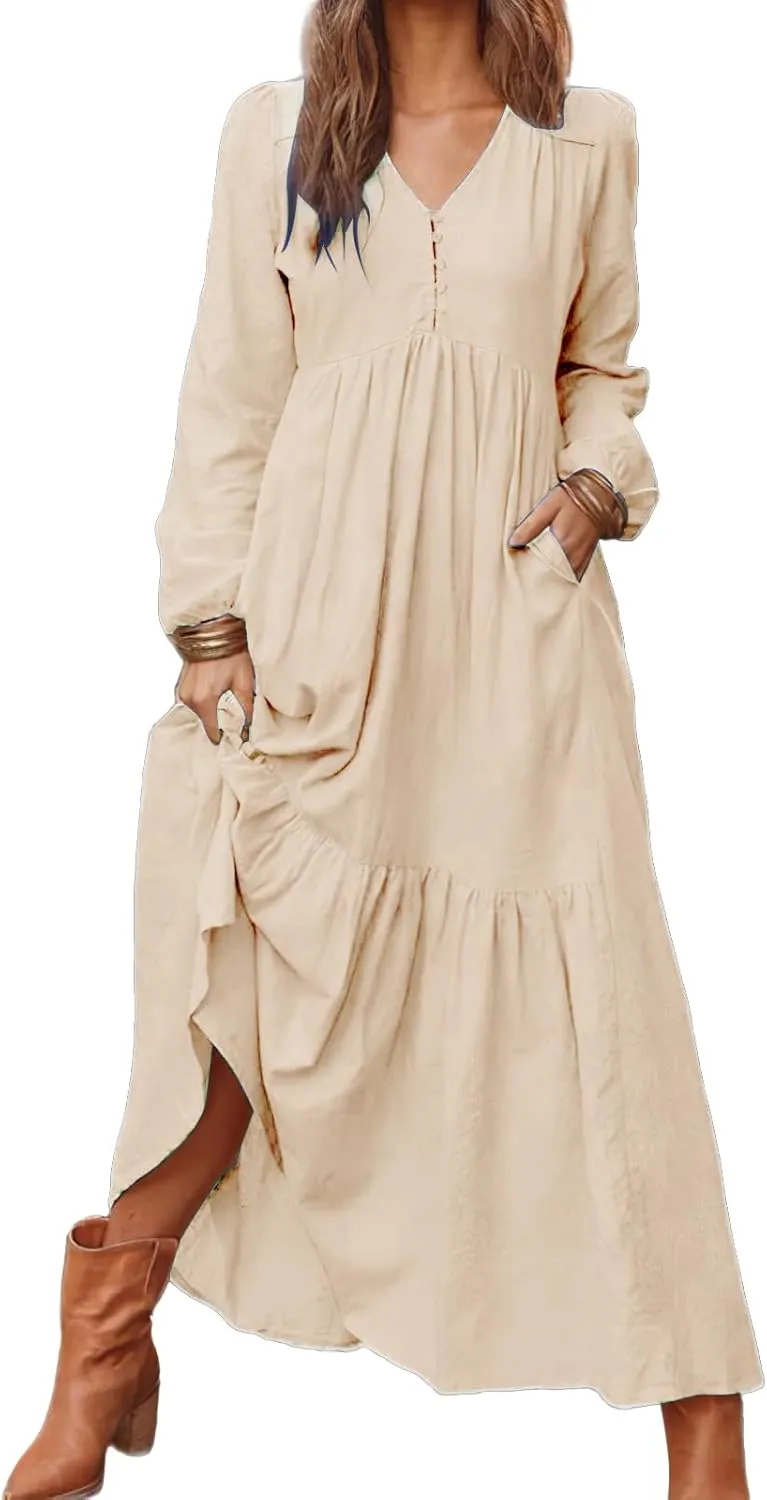 Linen Maxi Dress for Women Long Boho Dresses Casual Long Sleeve V Neck Dress Flowy Beach Pleated Sundress with Pockets