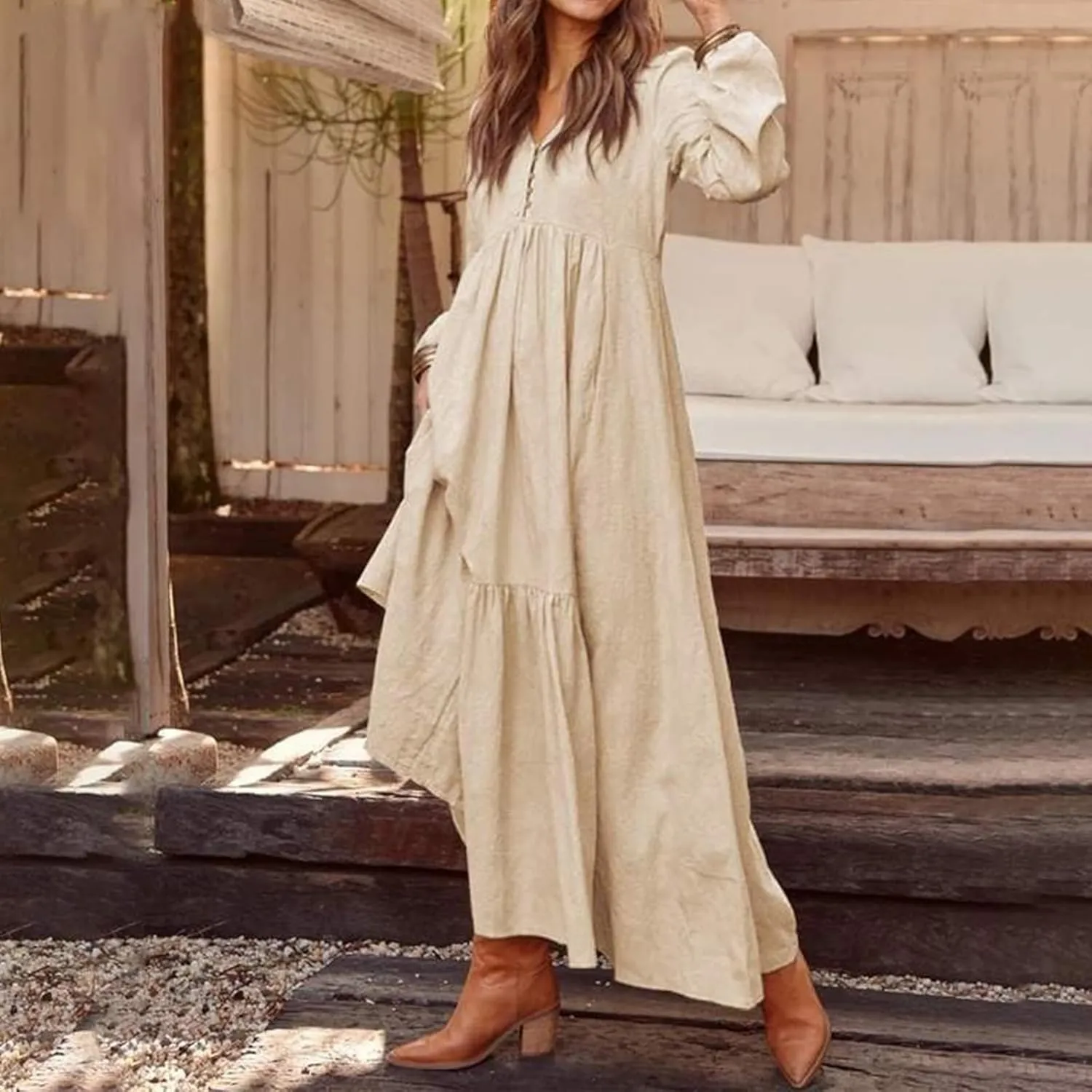 Linen Maxi Dress for Women Long Boho Dresses Casual Long Sleeve V Neck Dress Flowy Beach Pleated Sundress with Pockets
