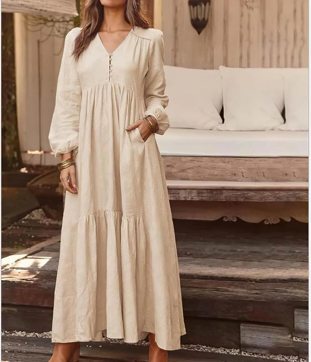 Linen Maxi Dress for Women Long Boho Dresses Casual Long Sleeve V Neck Dress Flowy Beach Pleated Sundress with Pockets