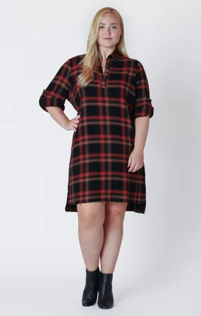 Longsleeve Roll Tab Shirt Dress in Golden Rust Plaid