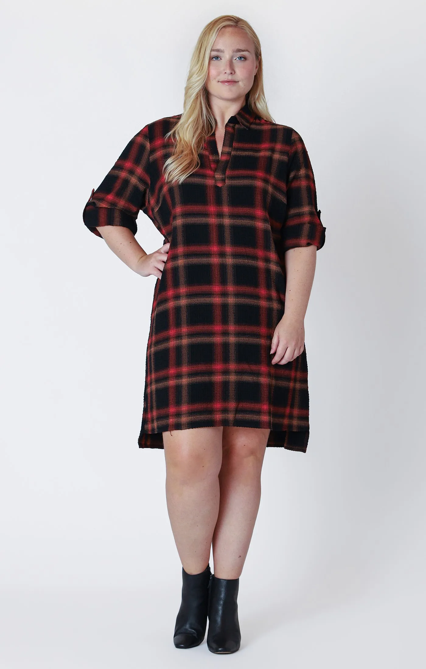 Longsleeve Roll Tab Shirt Dress in Golden Rust Plaid