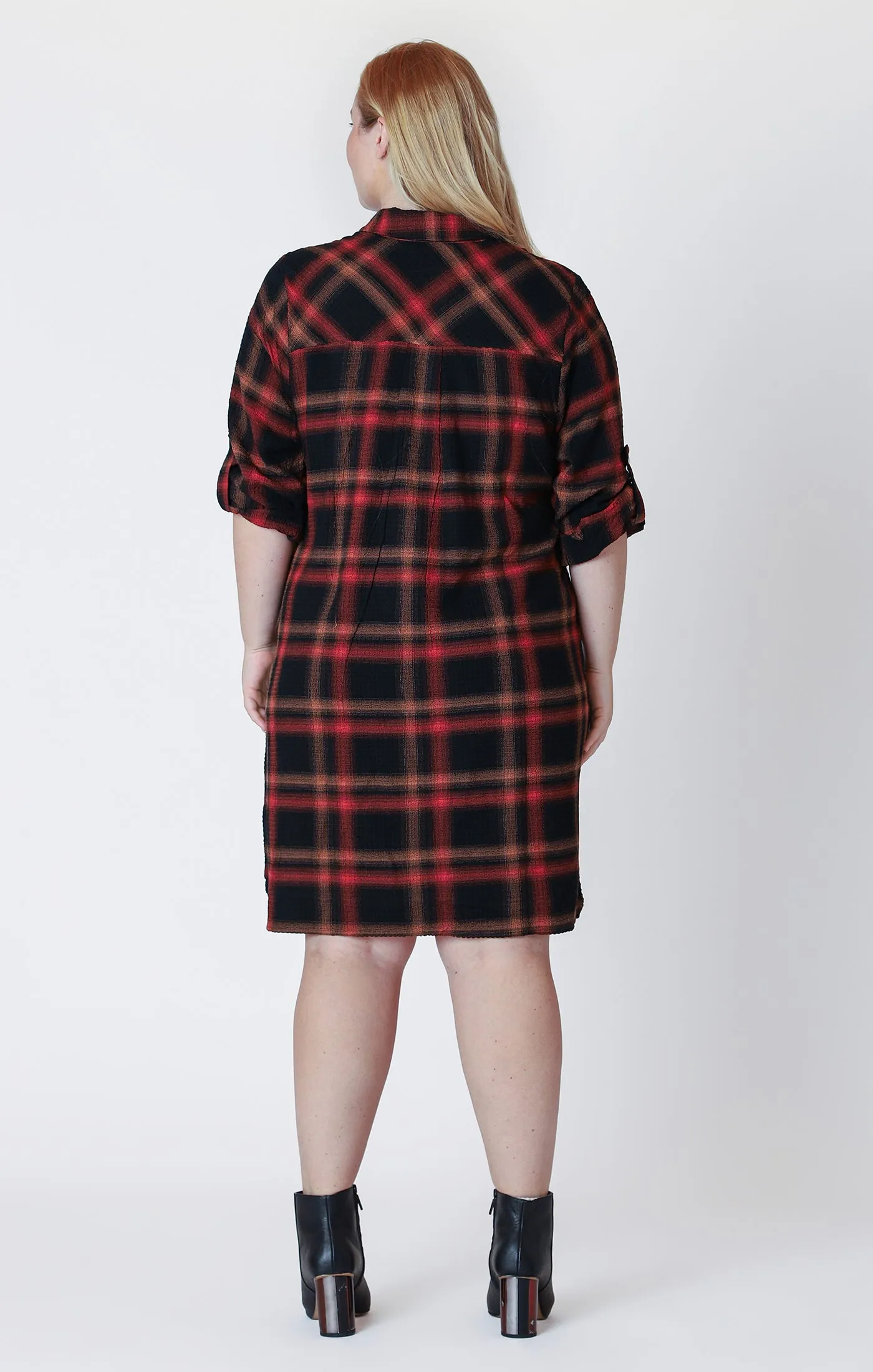 Longsleeve Roll Tab Shirt Dress in Golden Rust Plaid