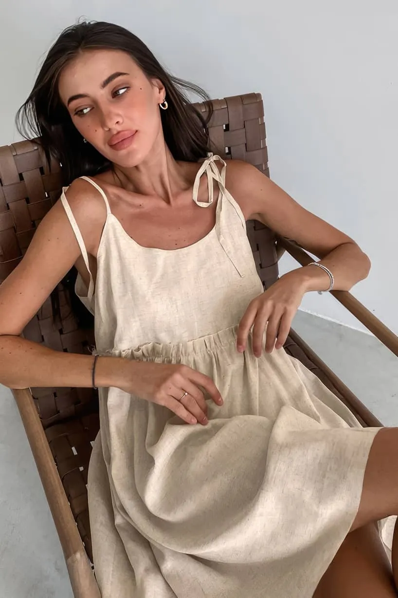 Loose Cotton and Linen A-line Sundress with Spaghetti Straps