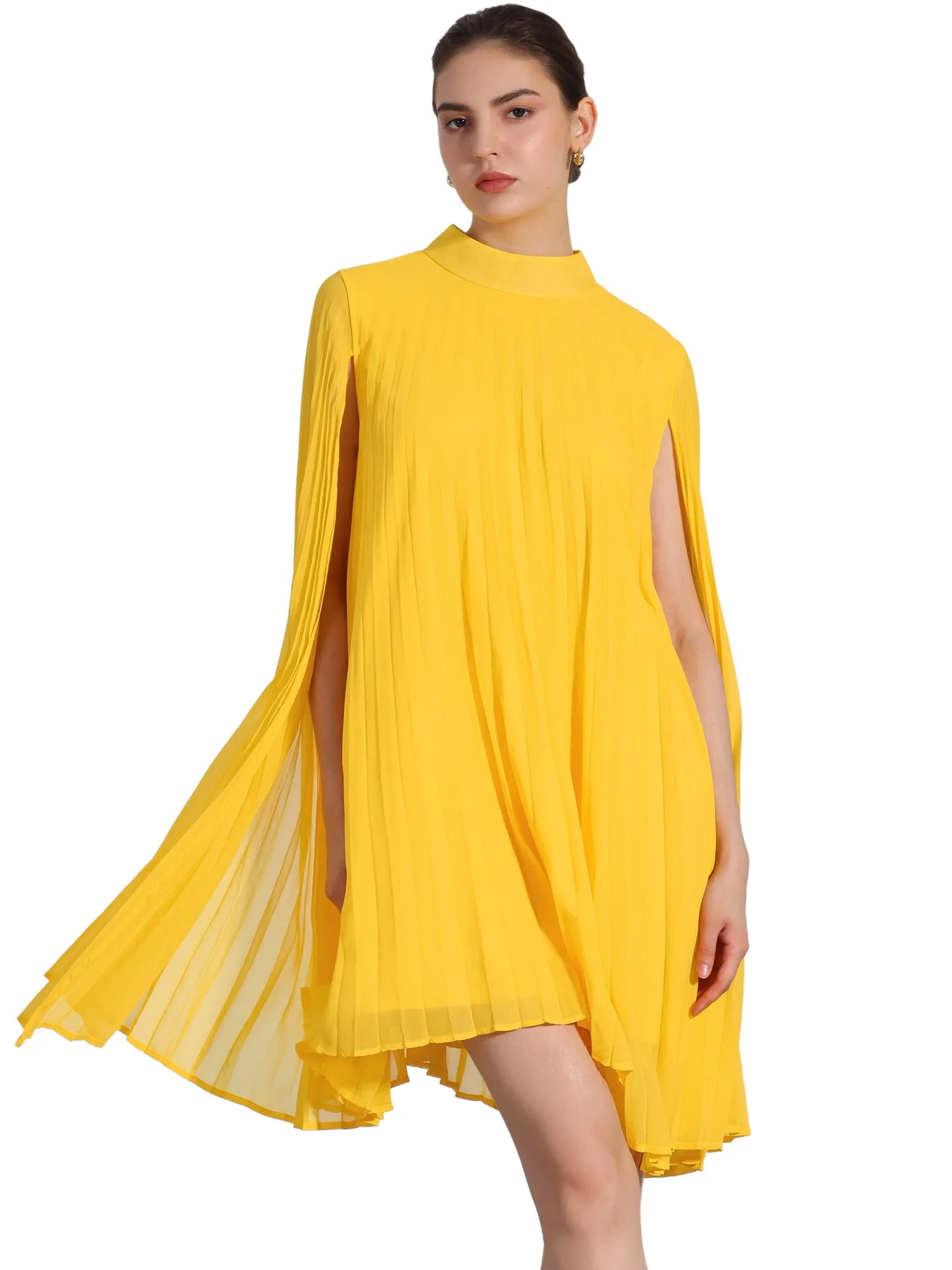 Loose Flowy Cloak Sleeve Cape Pleated Chiffon Mini Dress