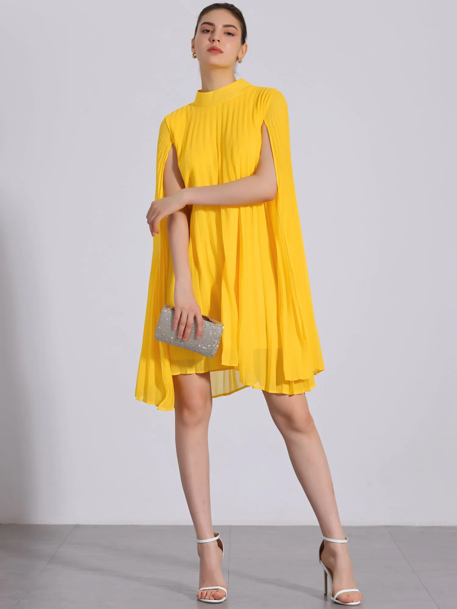 Loose Flowy Cloak Sleeve Cape Pleated Chiffon Mini Dress