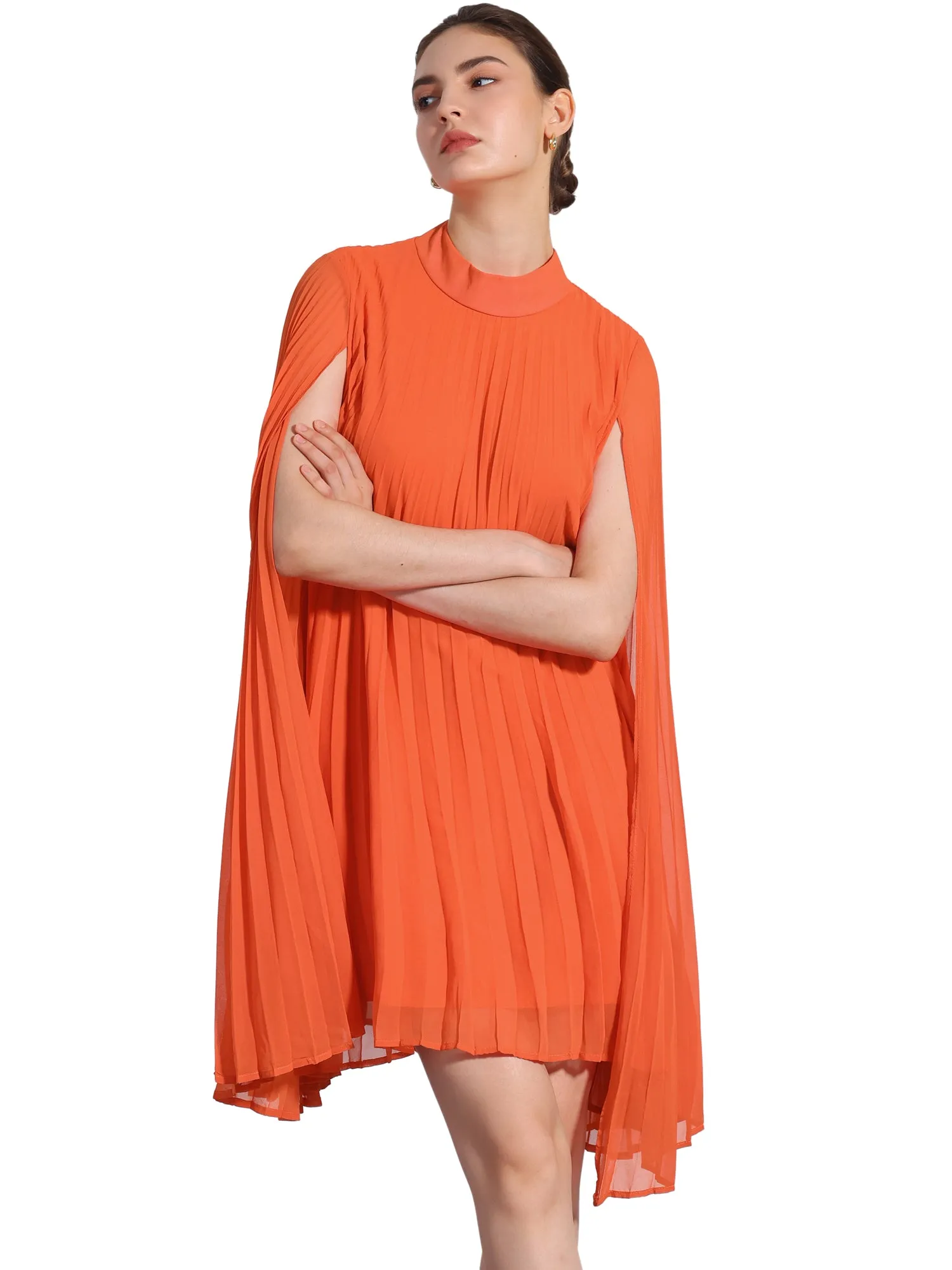 Loose Flowy Cloak Sleeve Cape Pleated Chiffon Mini Dress