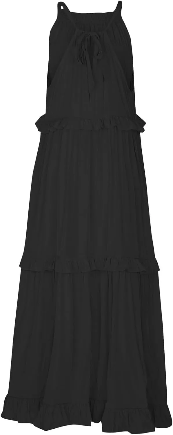 Maxi Dresses for Women 2025 Summer Smocked Ruffle Sundress Tiered Beach Dress Flowy Halter Sleeveless Long Dress