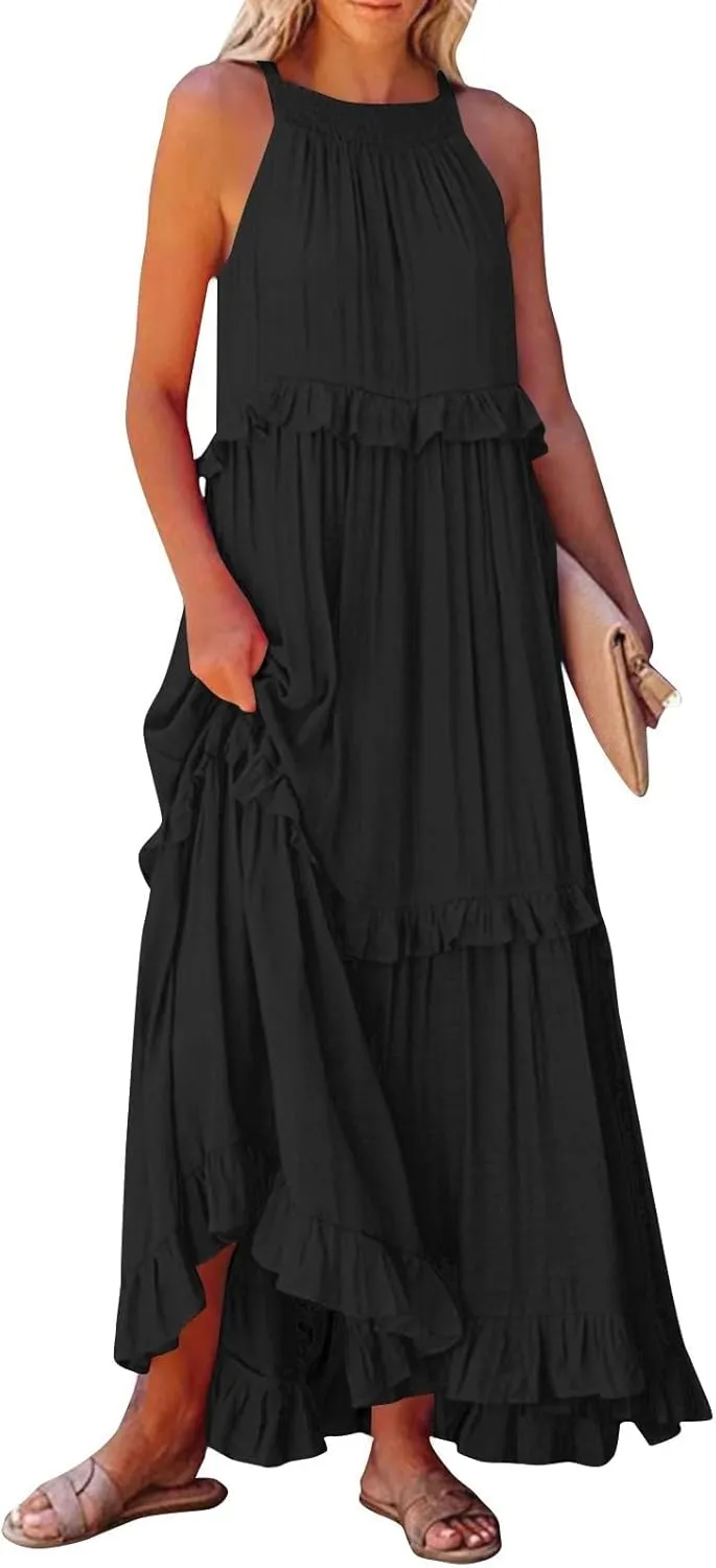 Maxi Dresses for Women 2025 Summer Smocked Ruffle Sundress Tiered Beach Dress Flowy Halter Sleeveless Long Dress