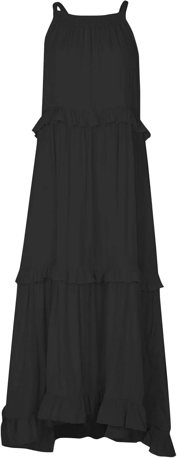 Maxi Dresses for Women 2025 Summer Smocked Ruffle Sundress Tiered Beach Dress Flowy Halter Sleeveless Long Dress
