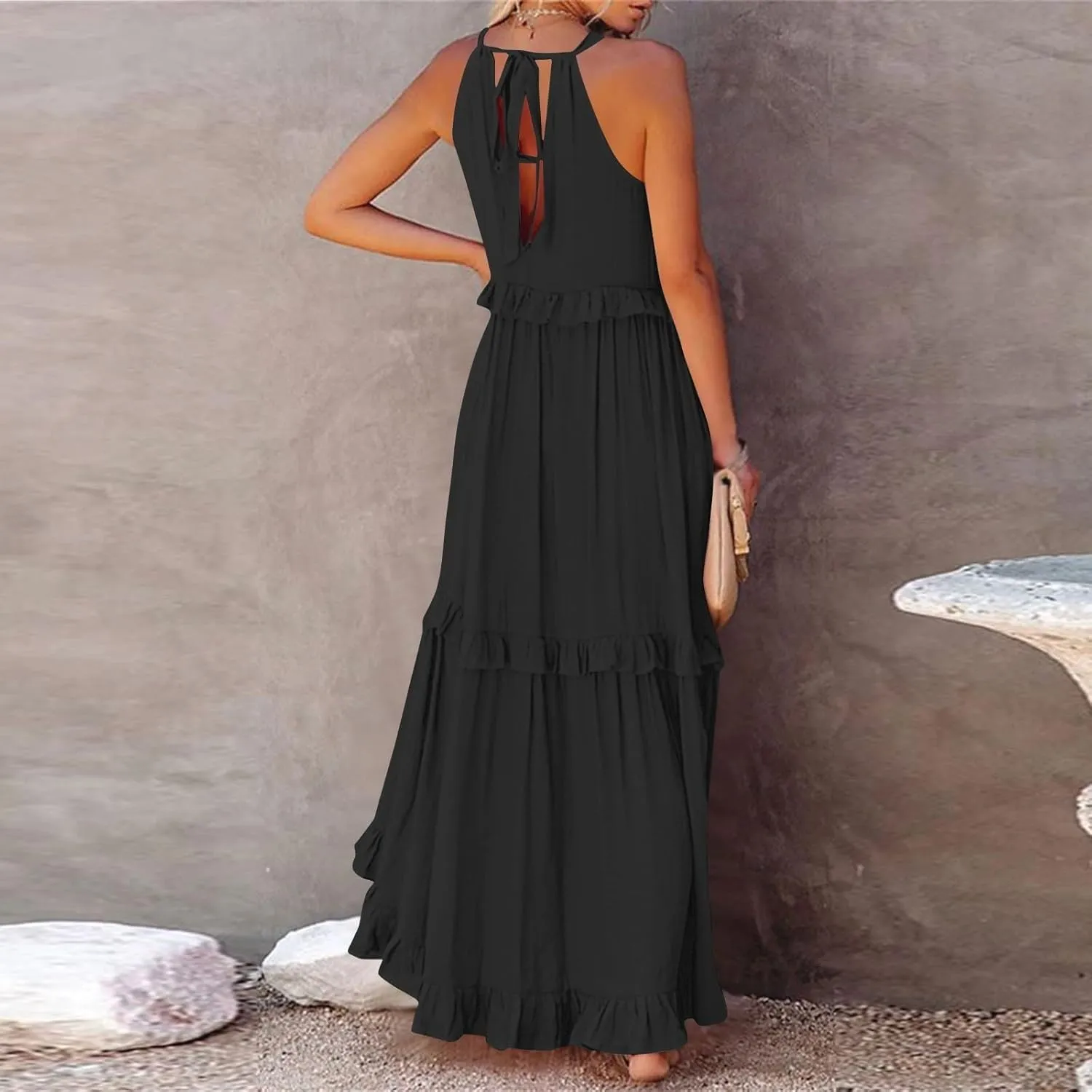Maxi Dresses for Women 2025 Summer Smocked Ruffle Sundress Tiered Beach Dress Flowy Halter Sleeveless Long Dress