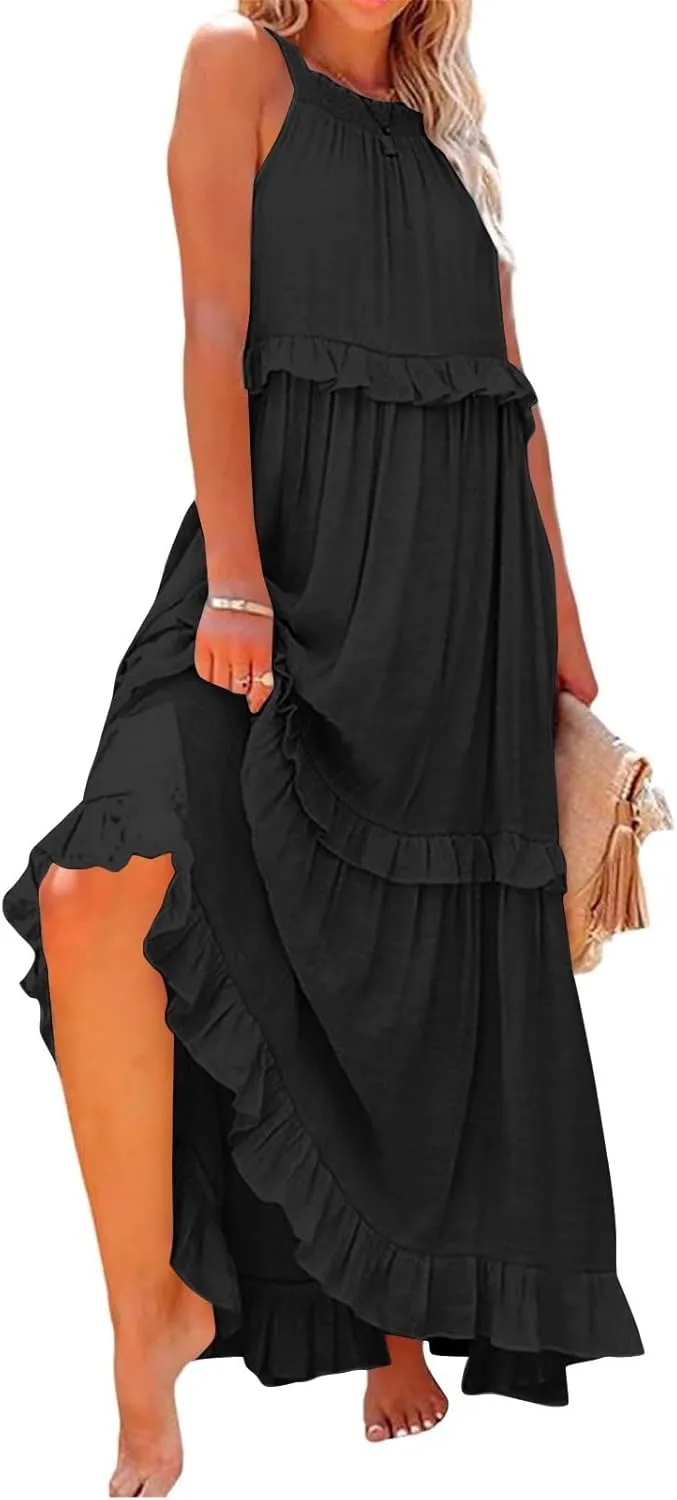 Maxi Dresses for Women 2025 Summer Smocked Ruffle Sundress Tiered Beach Dress Flowy Halter Sleeveless Long Dress