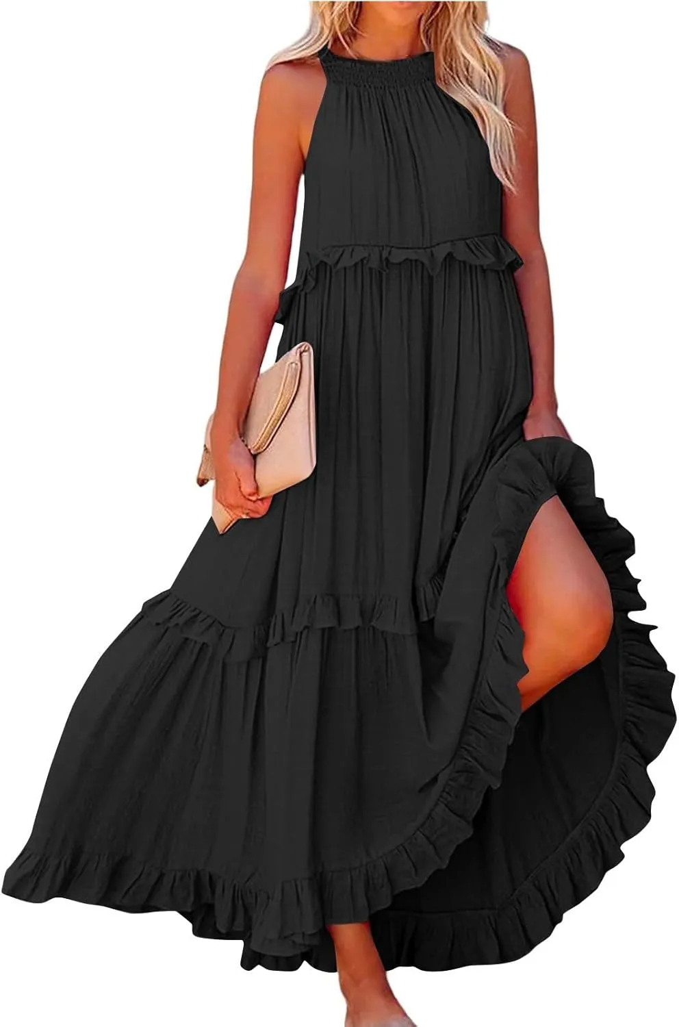 Maxi Dresses for Women 2025 Summer Smocked Ruffle Sundress Tiered Beach Dress Flowy Halter Sleeveless Long Dress