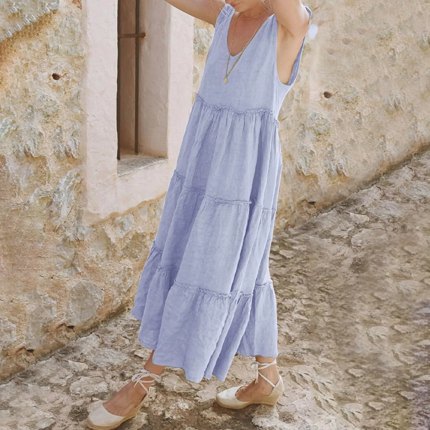 Maxi Linen Tiered Dresses for Women Plus Size V Neck Tie Shoulder Ruffle Flowy Swing Sundress Sleeveless Sundress