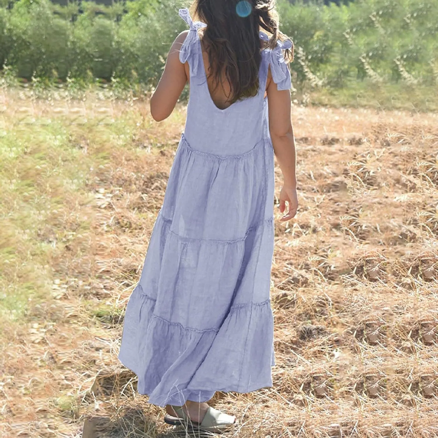 Maxi Linen Tiered Dresses for Women Plus Size V Neck Tie Shoulder Ruffle Flowy Swing Sundress Sleeveless Sundress