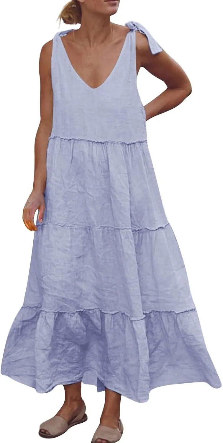 Maxi Linen Tiered Dresses for Women Plus Size V Neck Tie Shoulder Ruffle Flowy Swing Sundress Sleeveless Sundress