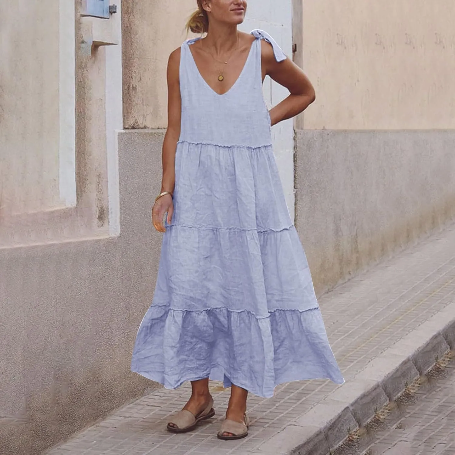 Maxi Linen Tiered Dresses for Women Plus Size V Neck Tie Shoulder Ruffle Flowy Swing Sundress Sleeveless Sundress