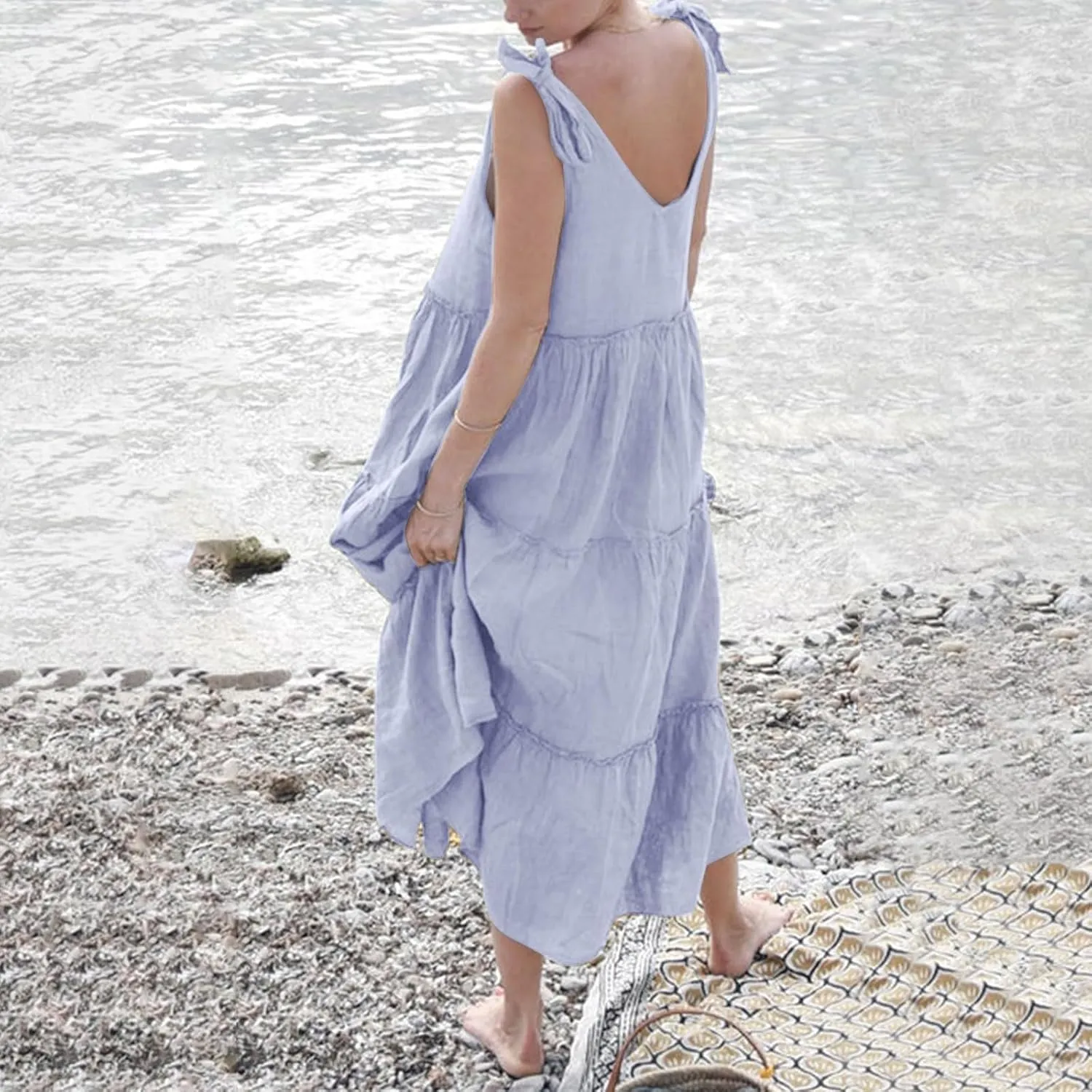 Maxi Linen Tiered Dresses for Women Plus Size V Neck Tie Shoulder Ruffle Flowy Swing Sundress Sleeveless Sundress