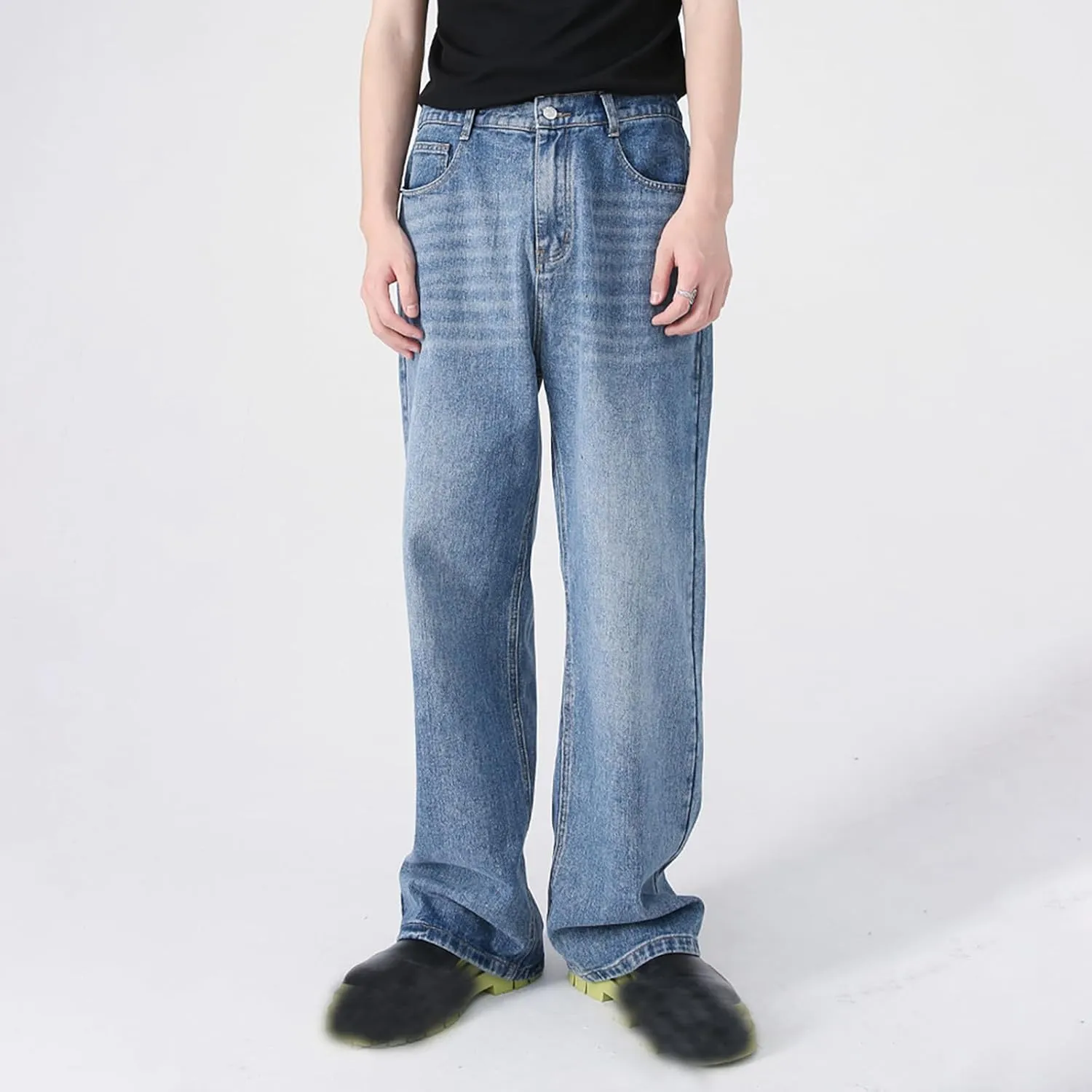 Men's Elastic Waist Relaxed Fit Jeans Straight Leg Stretch Comfort Denim Jeans for Men Boy Sock