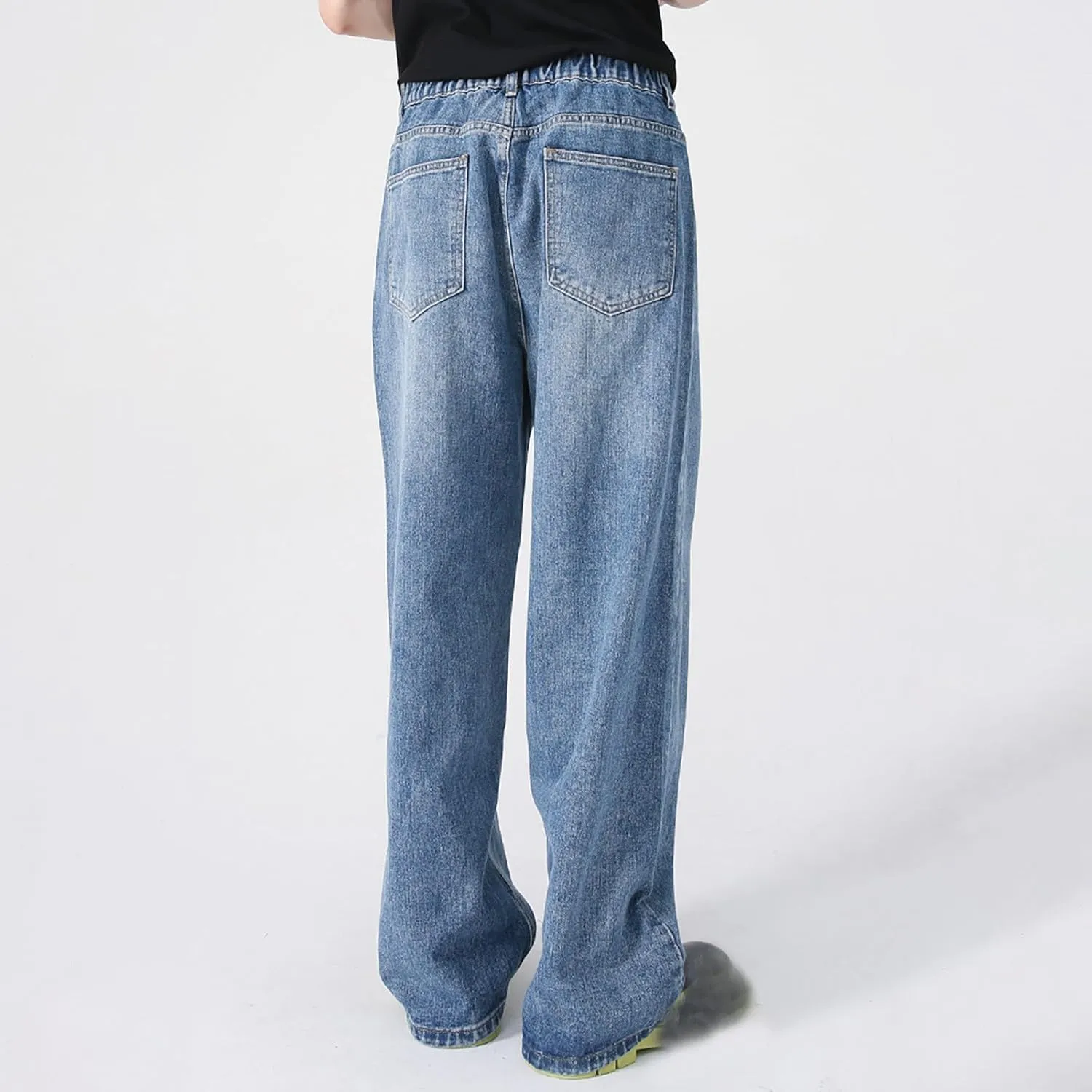 Men's Elastic Waist Relaxed Fit Jeans Straight Leg Stretch Comfort Denim Jeans for Men Boy Sock