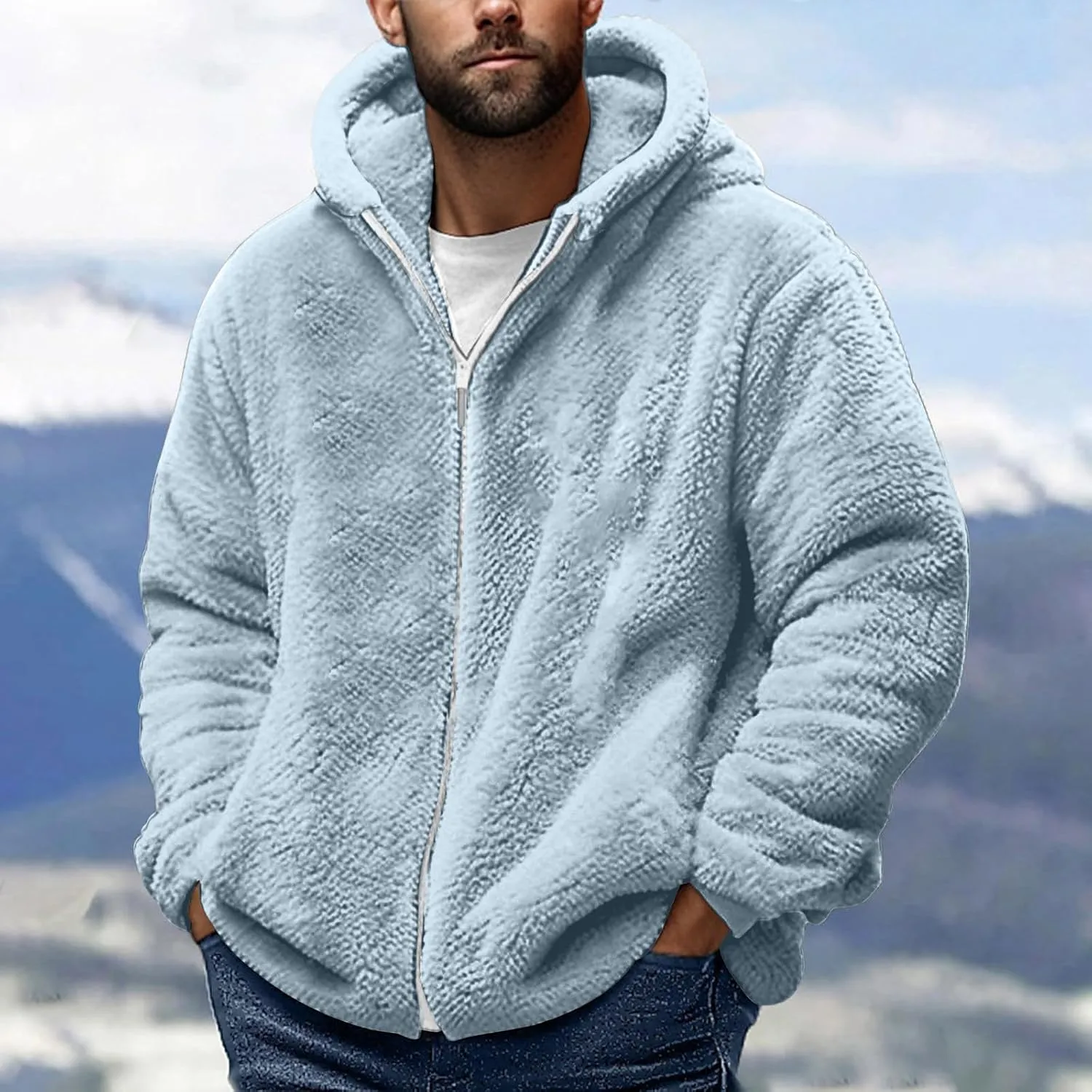 Men's Sherpa Lined Jacket Warm Double-Sided Fleece Coat Zip Up Hooded Thick Jacket Fall Winter Casual Soft Outerwear