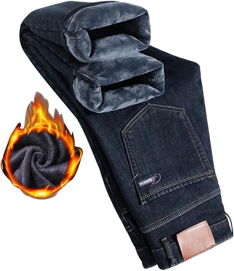 Mens Winter Fleece Lined Jeans Twill Stretch Relaxed Fit Thicken Buckle Closure Denim Pants Casual Trendy Jeans