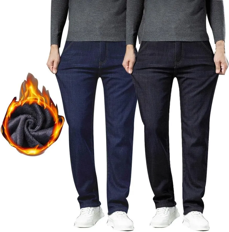 Mens Winter Fleece Lined Jeans Twill Stretch Relaxed Fit Thicken Buckle Closure Denim Pants Casual Trendy Jeans