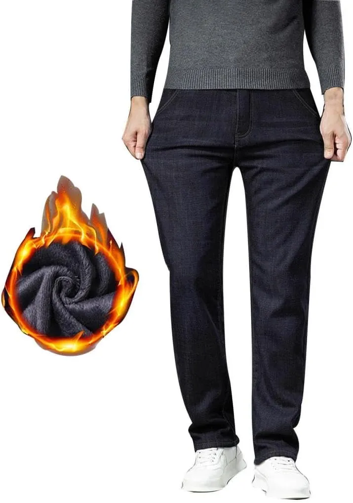 Mens Winter Fleece Lined Jeans Twill Stretch Relaxed Fit Thicken Buckle Closure Denim Pants Casual Trendy Jeans