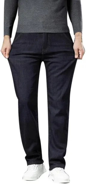 Mens Winter Fleece Lined Jeans Twill Stretch Relaxed Fit Thicken Buckle Closure Denim Pants Casual Trendy Jeans