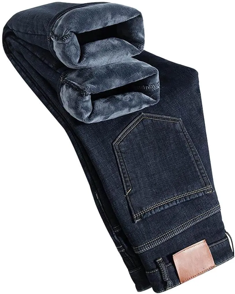 Mens Winter Fleece Lined Jeans Twill Stretch Relaxed Fit Thicken Buckle Closure Denim Pants Casual Trendy Jeans