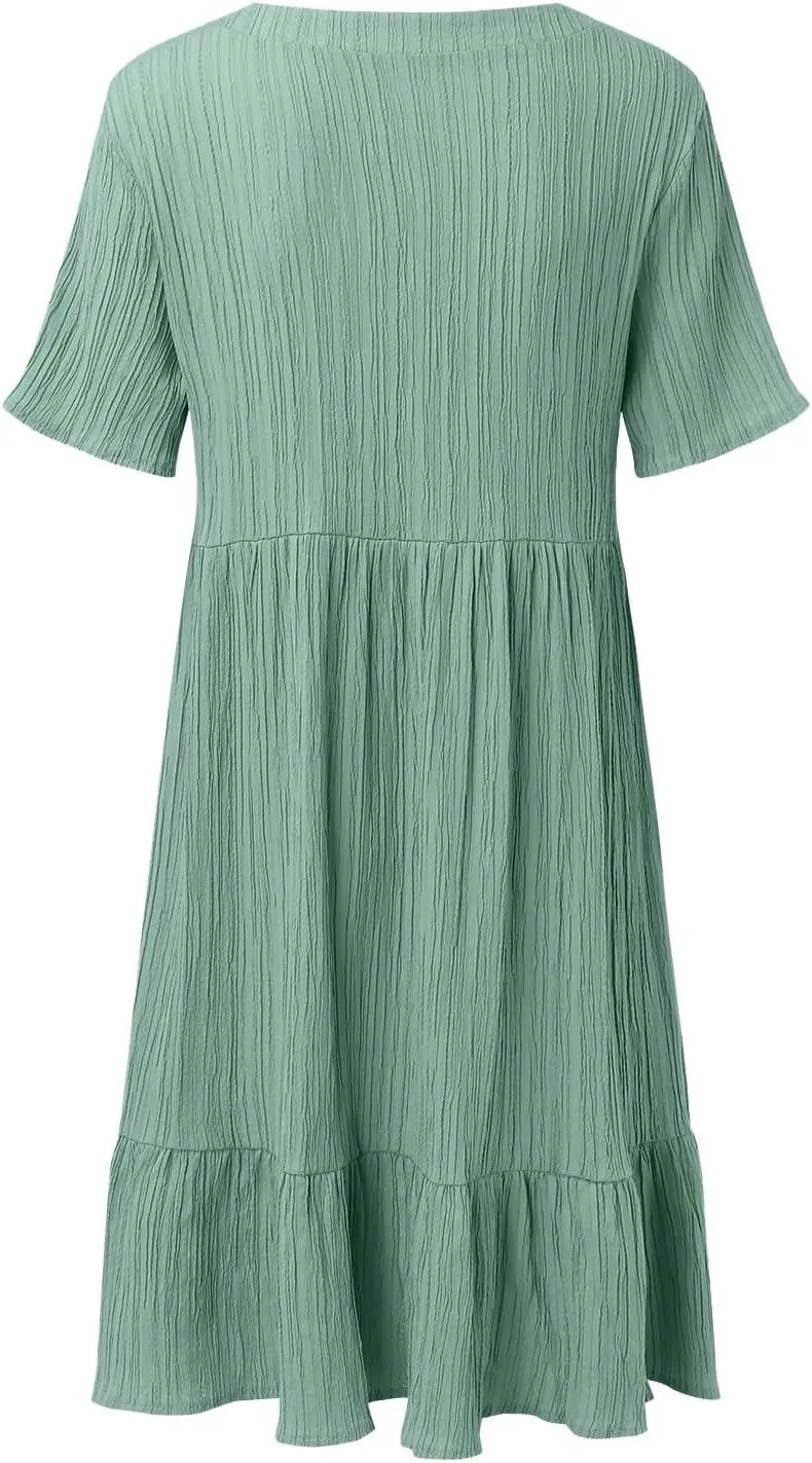 Midi Dresses for Women Ruched Empire Waist Casual Dresses Loose V Neck Short Sleeve Vacation Beach Summer Dresses