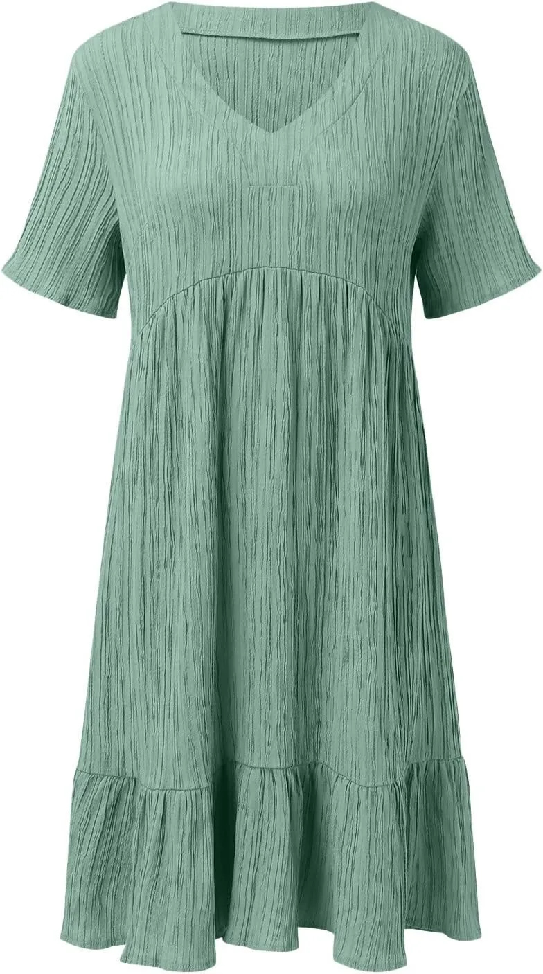 Midi Dresses for Women Ruched Empire Waist Casual Dresses Loose V Neck Short Sleeve Vacation Beach Summer Dresses