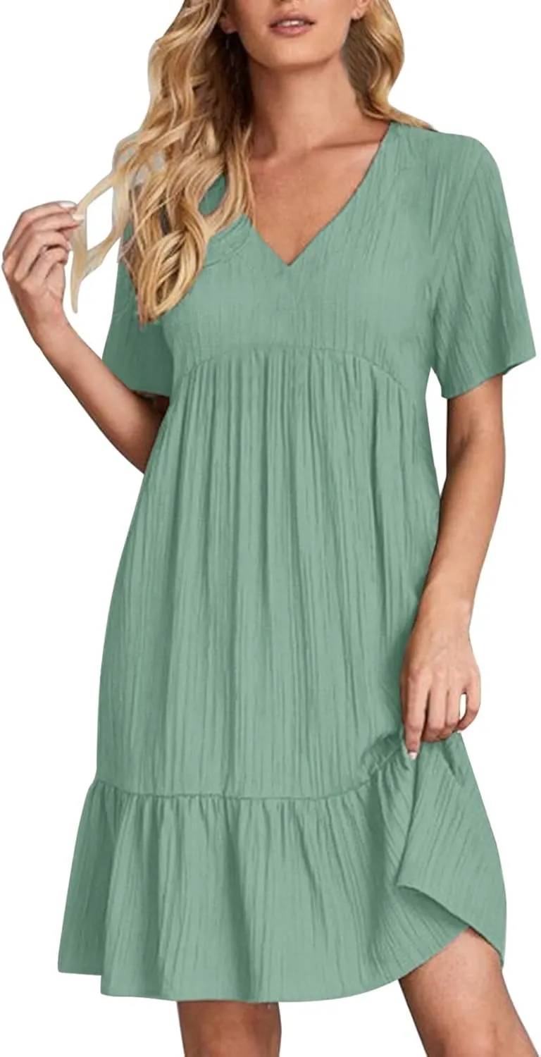 Midi Dresses for Women Ruched Empire Waist Casual Dresses Loose V Neck Short Sleeve Vacation Beach Summer Dresses