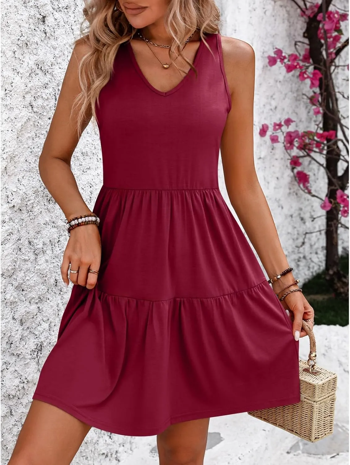 Mini Dresses for Women Cute Summer Flowy Swing Ruffle Tiered Tank Dress Beach Vacation Sleeveless V Neck Sundress