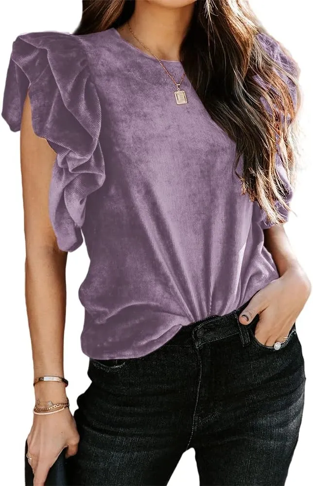MIRACMODA Womens Elegant Ribbed Velvet Top Crew Neck Short Ruffle Sleeve Casual T Shirt Blouse