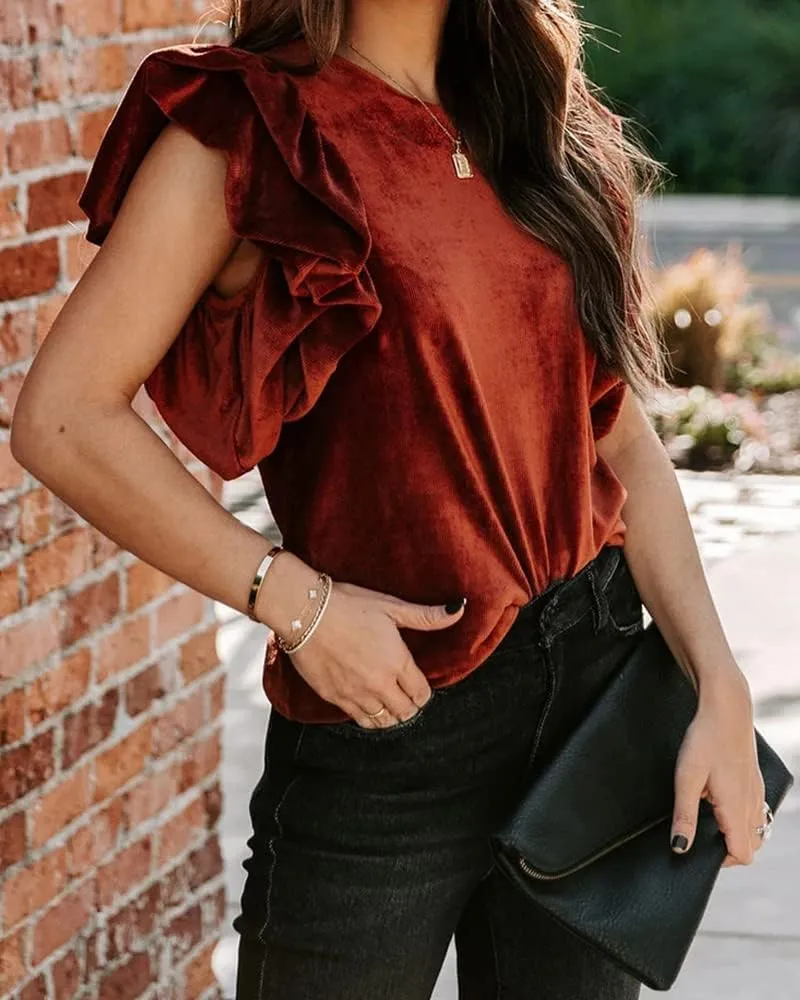 MIRACMODA Womens Elegant Ribbed Velvet Top Crew Neck Short Ruffle Sleeve Casual T Shirt Blouse
