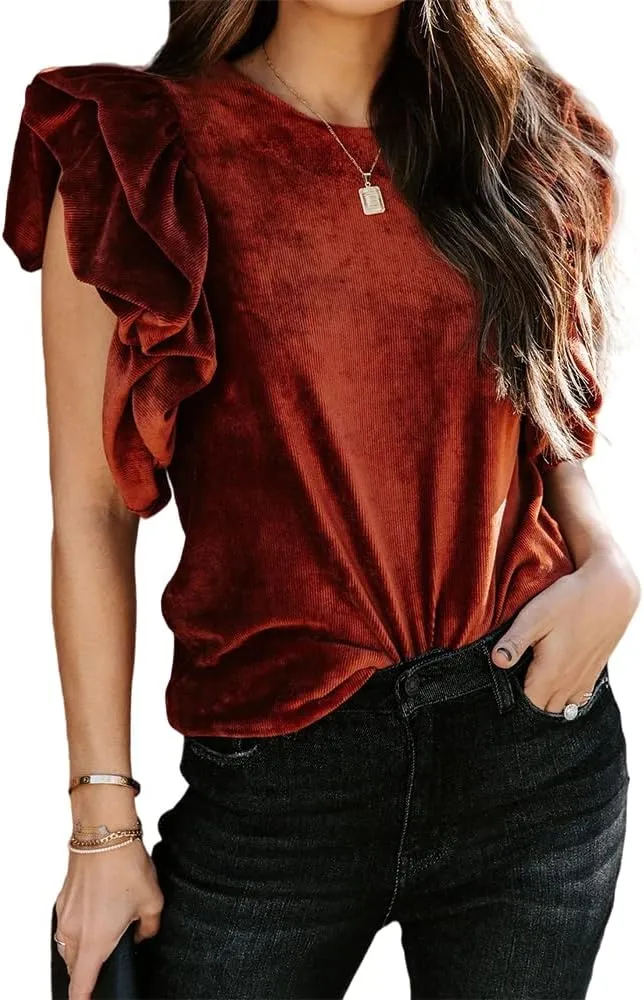 MIRACMODA Womens Elegant Ribbed Velvet Top Crew Neck Short Ruffle Sleeve Casual T Shirt Blouse