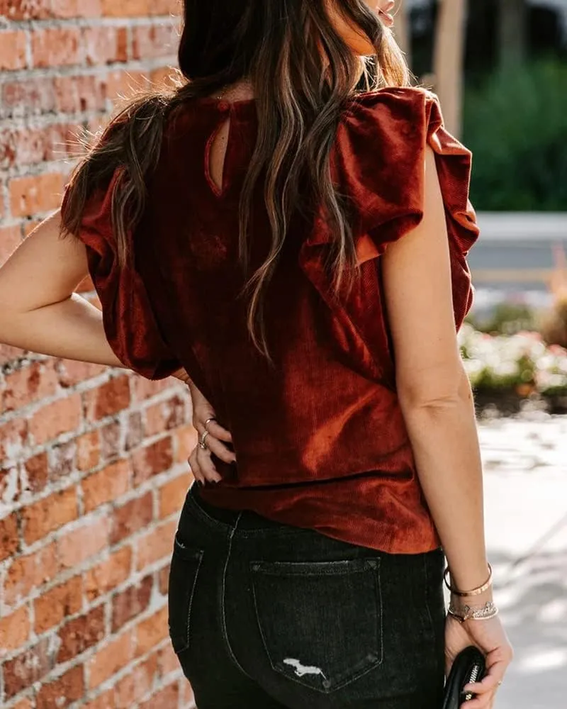MIRACMODA Womens Elegant Ribbed Velvet Top Crew Neck Short Ruffle Sleeve Casual T Shirt Blouse