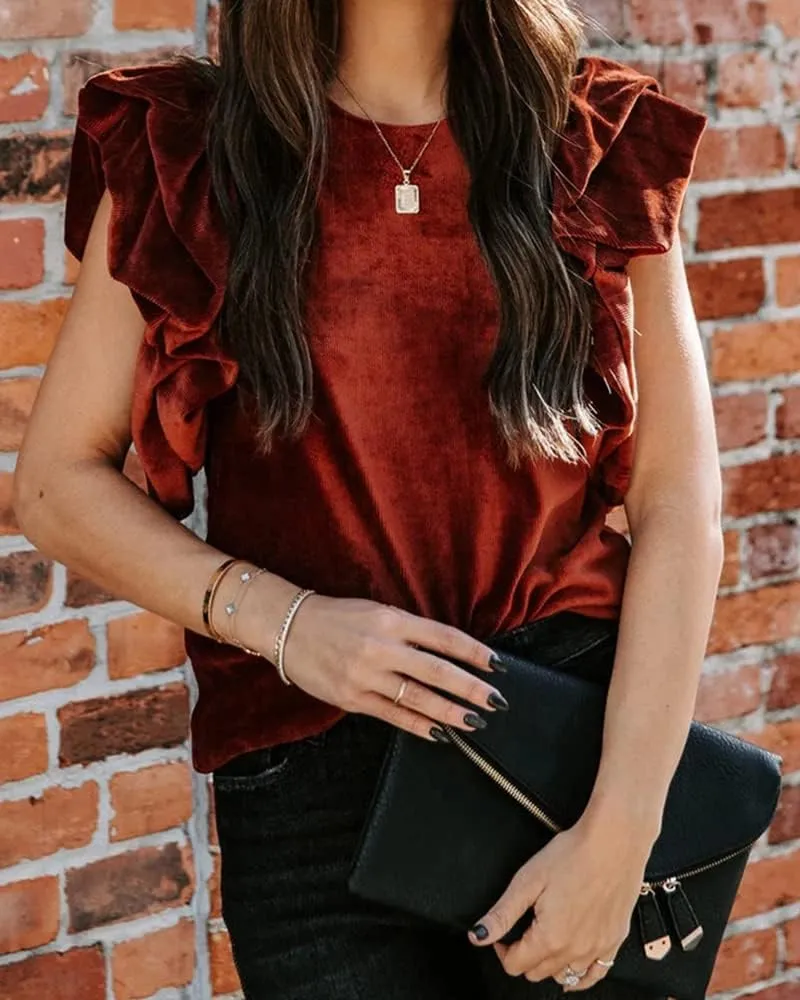 MIRACMODA Womens Elegant Ribbed Velvet Top Crew Neck Short Ruffle Sleeve Casual T Shirt Blouse