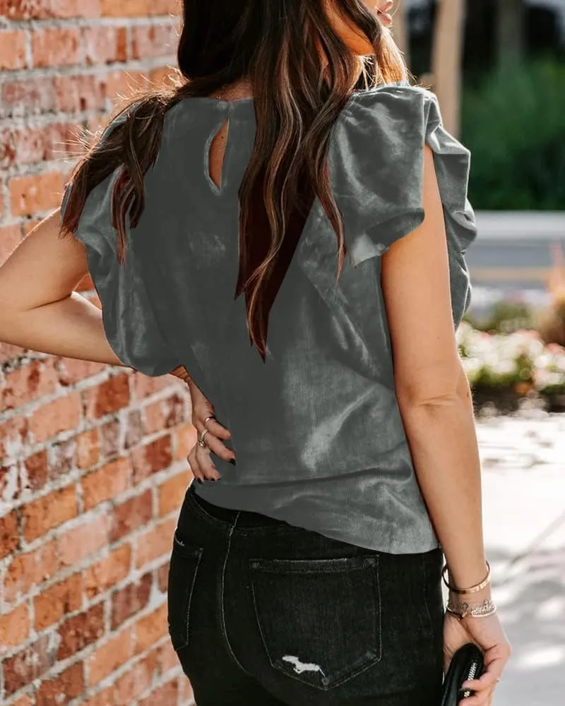 MIRACMODA Womens Elegant Ribbed Velvet Top Crew Neck Short Ruffle Sleeve Casual T Shirt Blouse