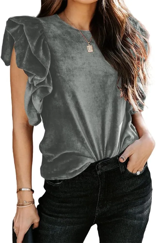MIRACMODA Womens Elegant Ribbed Velvet Top Crew Neck Short Ruffle Sleeve Casual T Shirt Blouse