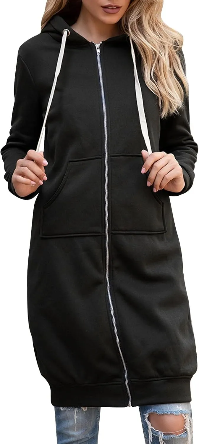 Miyaomn Women's Casual Long Hoodies Jacket Winter Tunic Sweatshirts Fashion Comfortable Full Zip Up Hooded Coats with Pockets