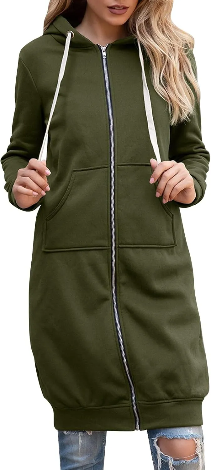Miyaomn Women's Casual Long Hoodies Jacket Winter Tunic Sweatshirts Fashion Comfortable Full Zip Up Hooded Coats with Pockets