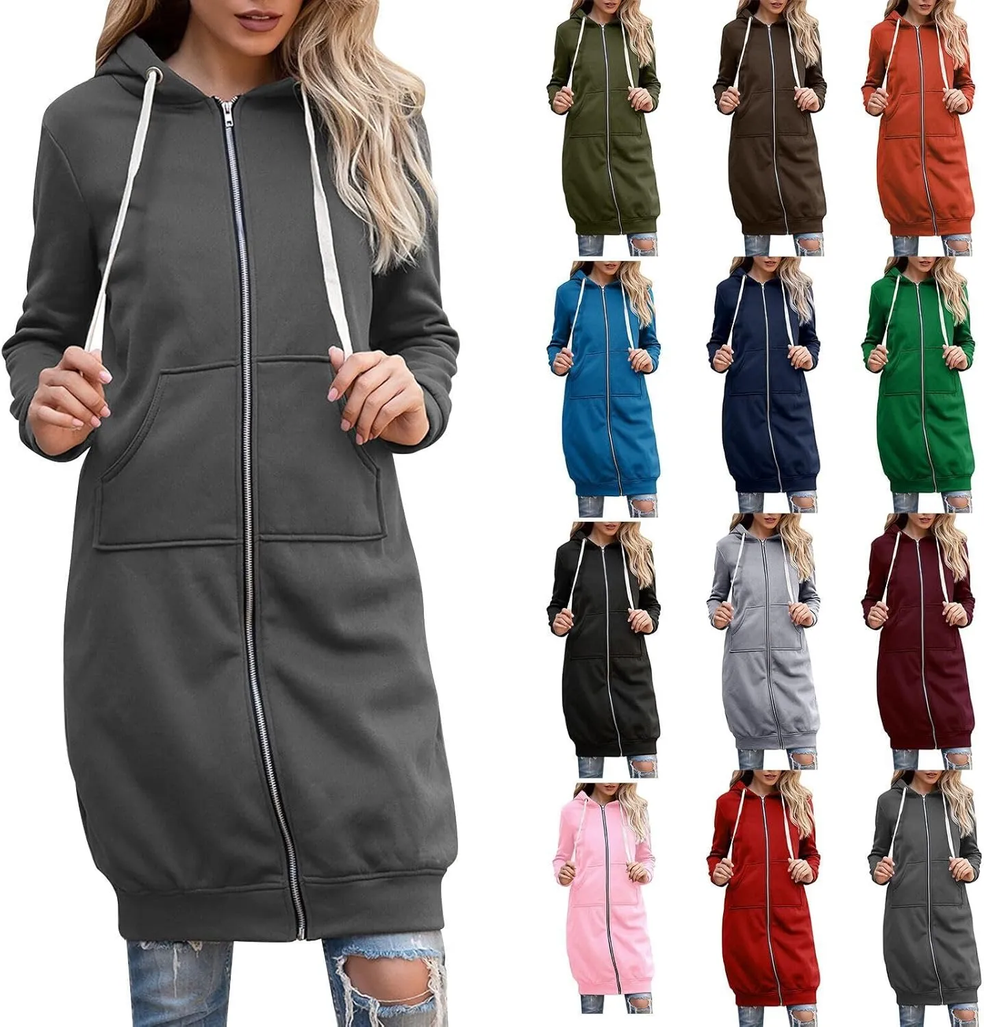 Miyaomn Women's Casual Long Hoodies Jacket Winter Tunic Sweatshirts Fashion Comfortable Full Zip Up Hooded Coats with Pockets