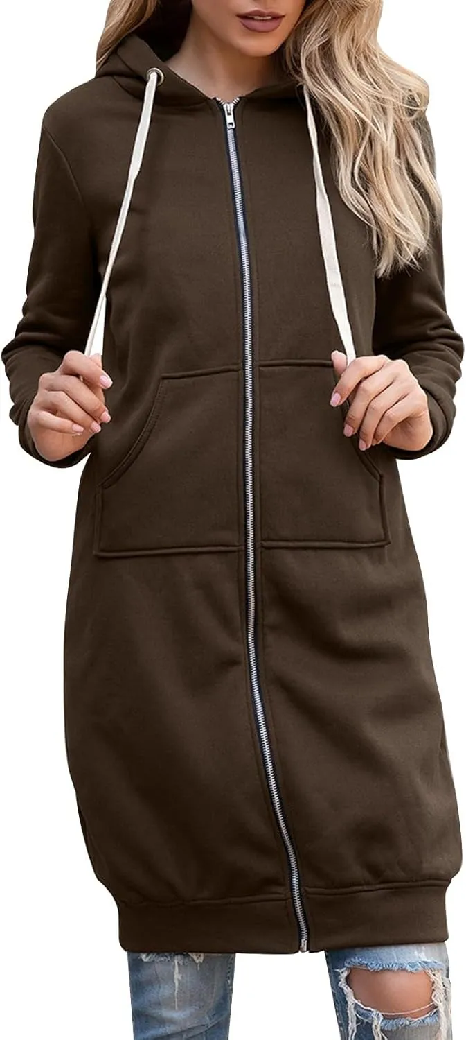 Miyaomn Women's Casual Long Hoodies Jacket Winter Tunic Sweatshirts Fashion Comfortable Full Zip Up Hooded Coats with Pockets