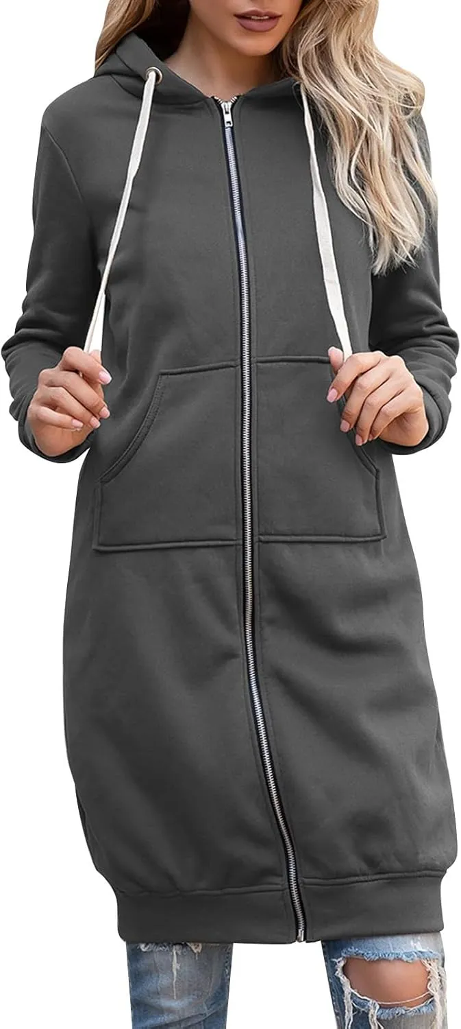 Miyaomn Women's Casual Long Hoodies Jacket Winter Tunic Sweatshirts Fashion Comfortable Full Zip Up Hooded Coats with Pockets