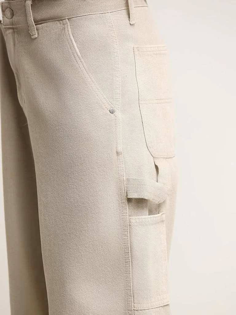 Nuon Solid Beige Mid-Rise Relaxed Fit Jeans
