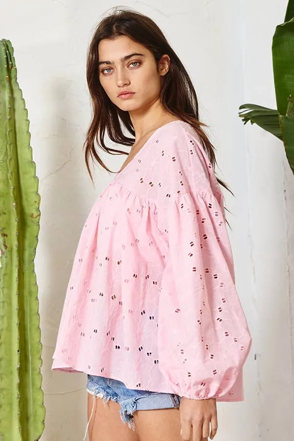 Pink Puff Sleeve Eyelet Lace Babydoll Tunic Top