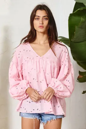 Pink Puff Sleeve Eyelet Lace Babydoll Tunic Top