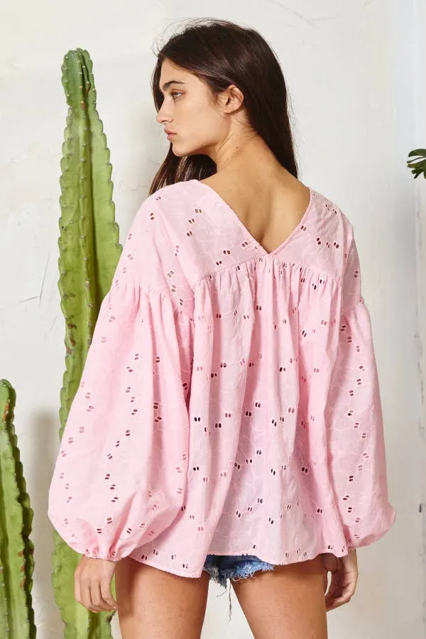 Pink Puff Sleeve Eyelet Lace Babydoll Tunic Top